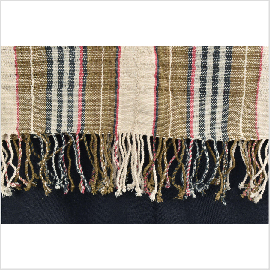 Natural organic dye cotton, handwoven neutral earth tone tribal textile, Karen Hmong fabric, Thai striped boho throw KK14