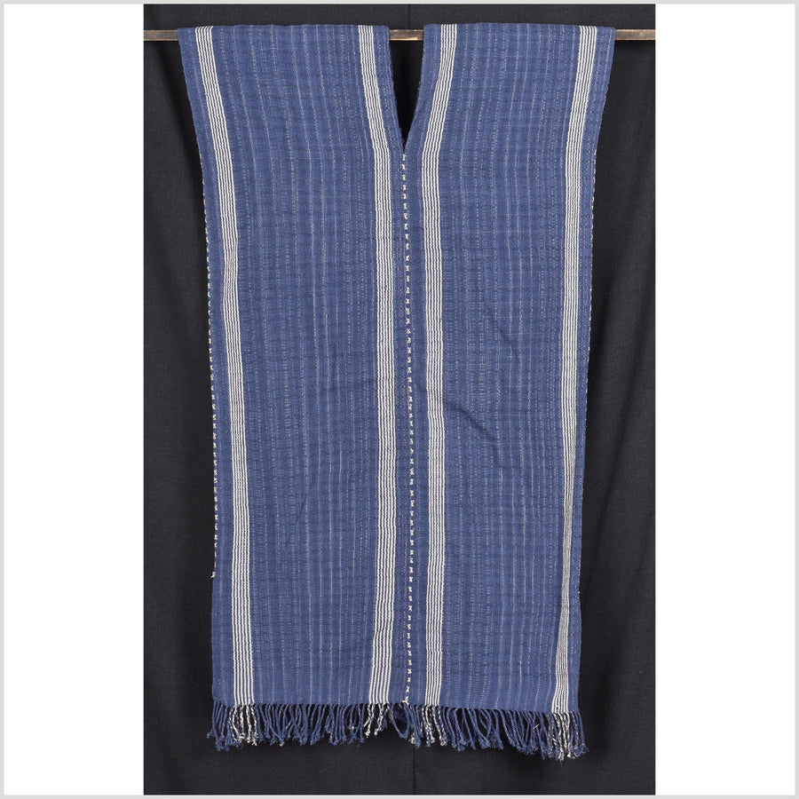 Navy indigo blue, white stripe, natural organic dye cotton, handwoven tribal textile, Karen Hmong fabric, Thai bohemian throw MQ66