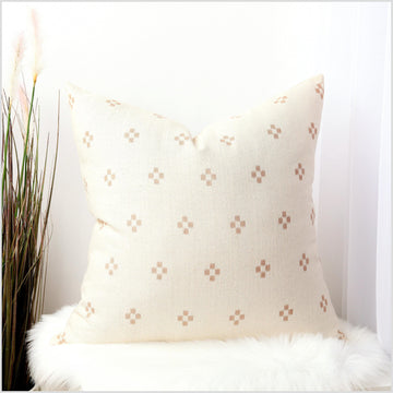 Neutral cream and beige cotton throw pillow, block print flower pattern Thailand fabric, lumbar square rectangle decorative cushion YY94