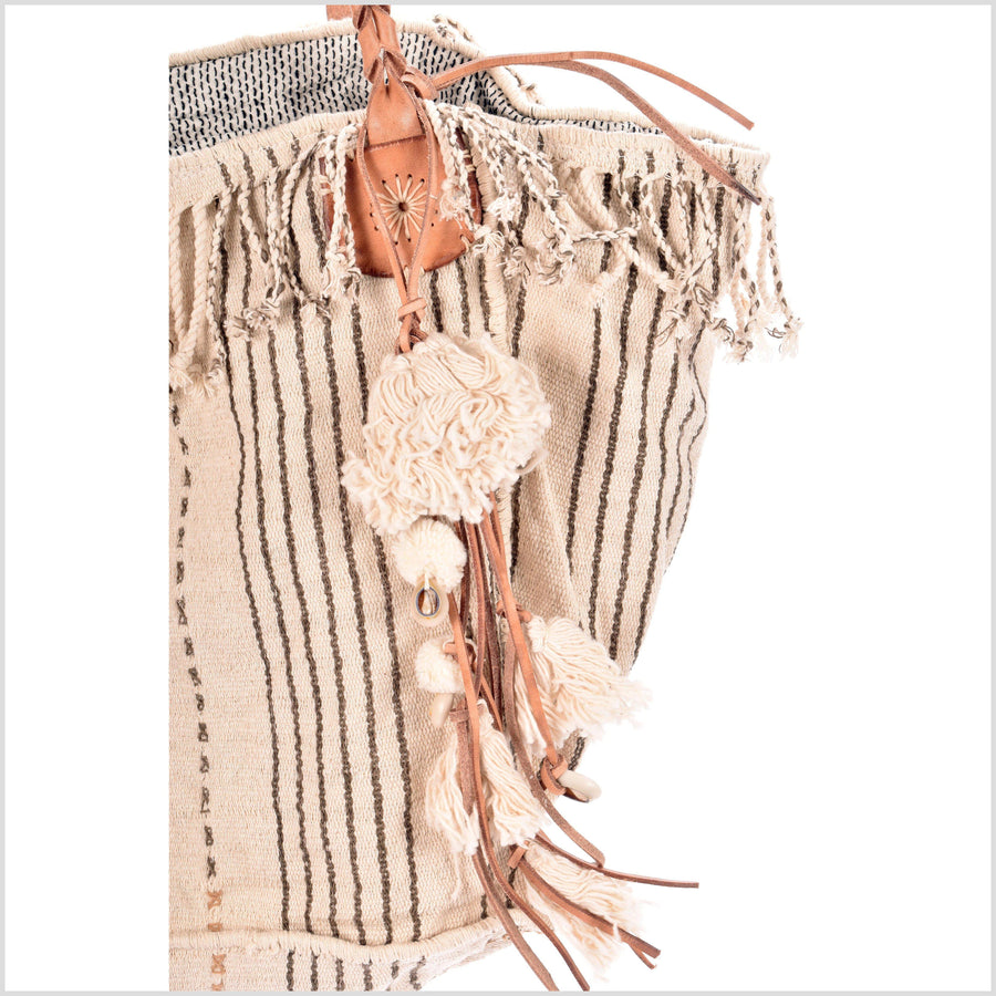 Neutral off-white striped summer handbag, ethnic boho style, natural dye soft cotton, leather handles, tribal hand stitching BG7