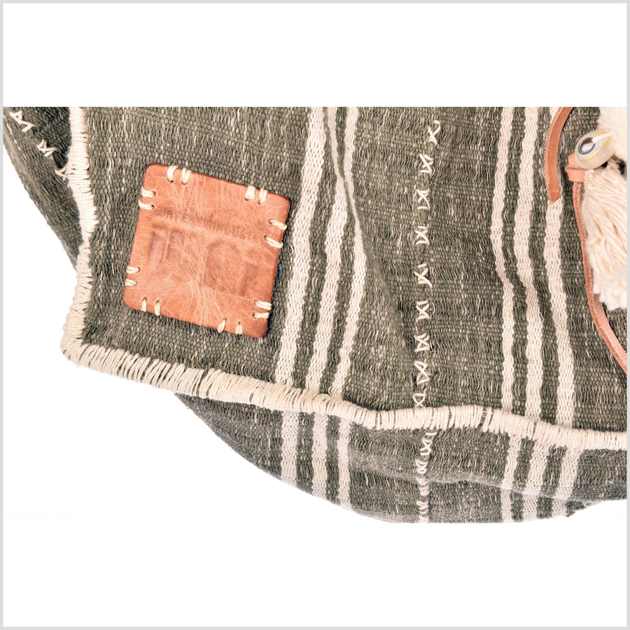 Olive green striped summer handbag, ethnic boho style, natural dye soft cotton, leather handles, tribal hand stitching BG6