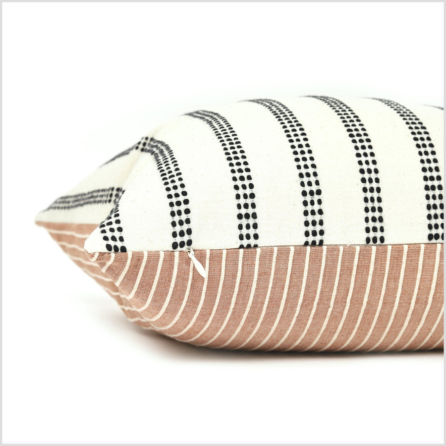 Pale brick orange, off-white and black throw pillow, handwoven striped cotton, double-sided, choose shape size decorative cushion YY108