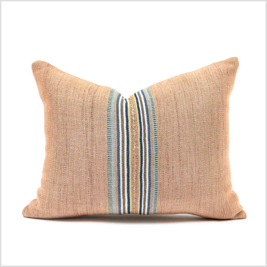 Pale orange cantaloupe & blue stripe handwoven pillow, tribal organic dye cushion, ethnic cotton boho pillowcase, natural hand sewing YY88