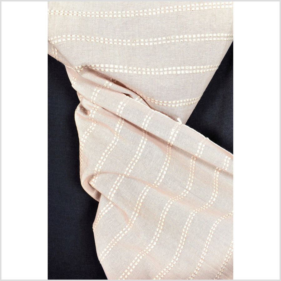 Pale rose & cream handwoven cotton fabric with woven white striping, medium-weight, fabric per yard PHA191