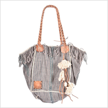 Pink gray striped cotton handbag, ethnic boho style, natural dye soft cotton, leather handles, tribal hand stitching BG28