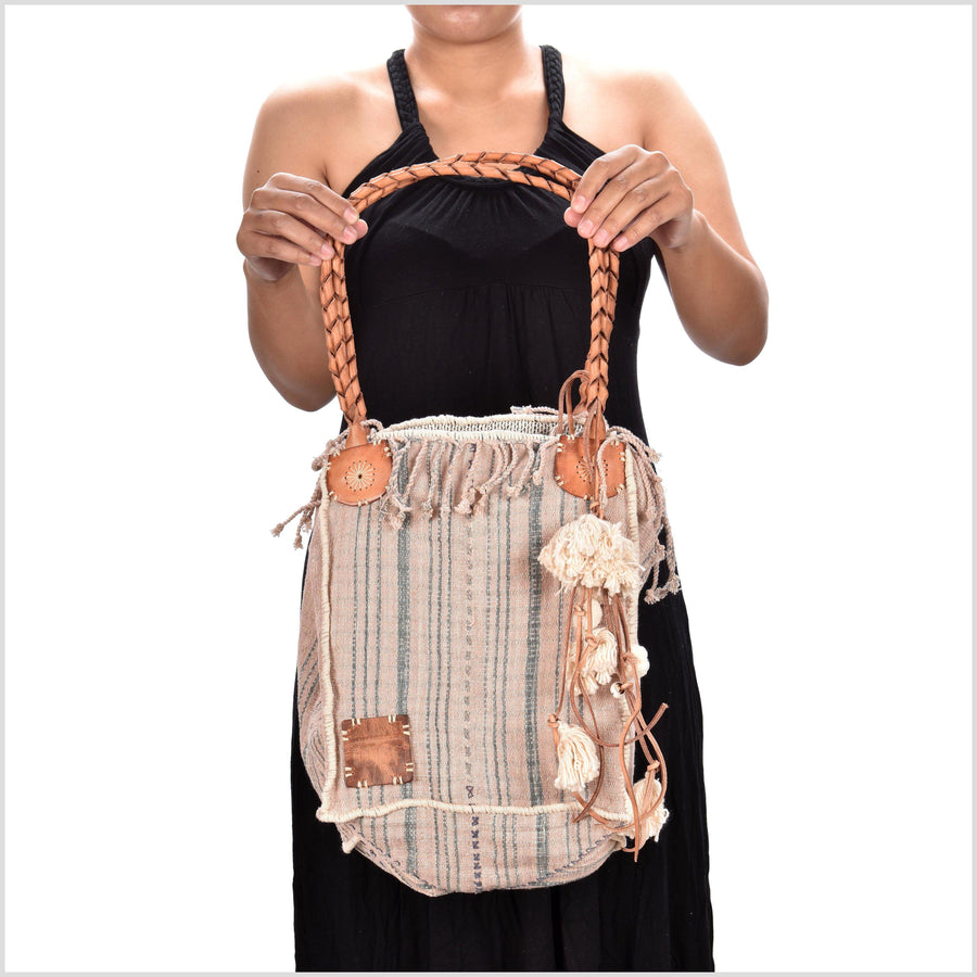 Pink striped cotton handbag, ethnic boho style, natural dye soft cotton, leather handles, tribal hand stitching BG31
