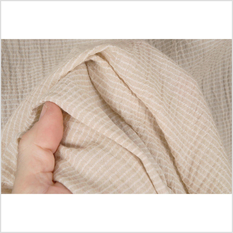 Pinstripe cotton and linen crepe fabric, lightweight beige with off-white stripes, per yard PHA24