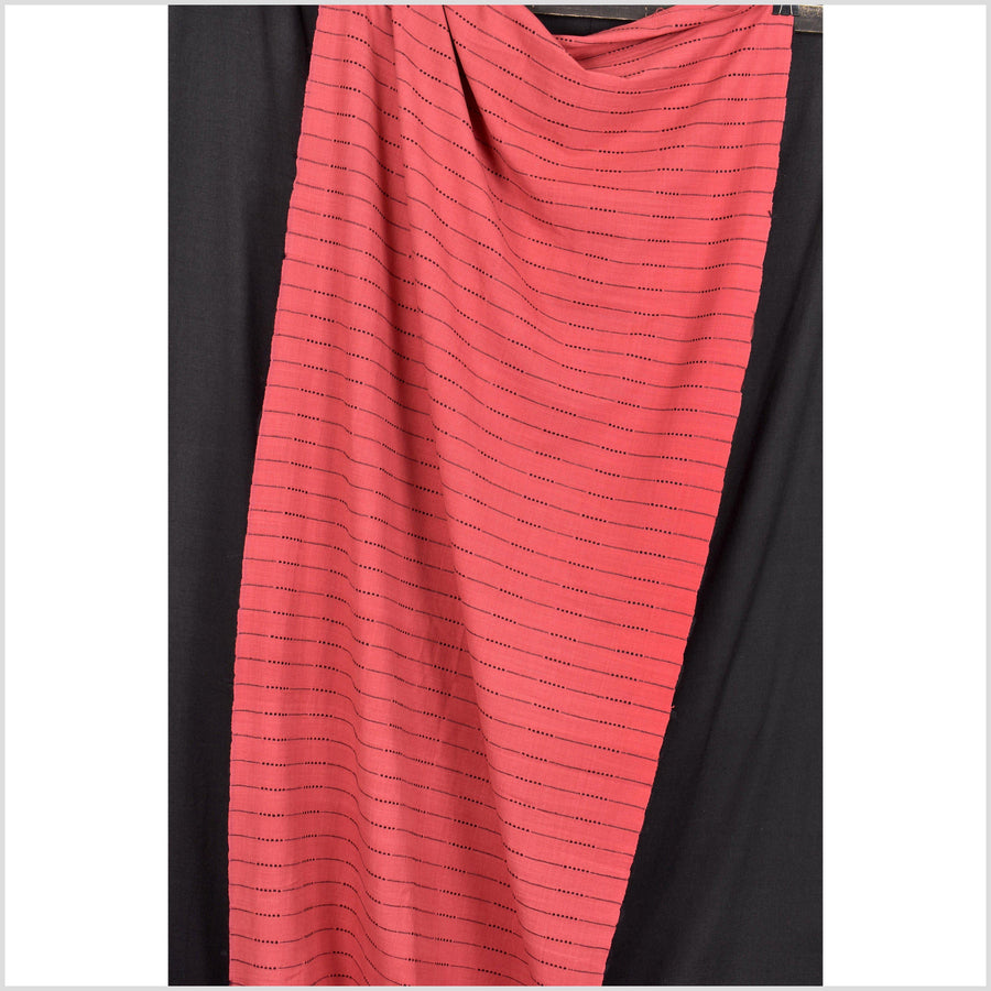 Red handwoven cotton fabric with woven black striping, medium-weight, simple weave, sold by the yard PHA145