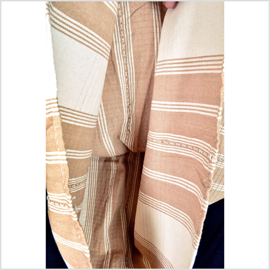 Rust tan camel warm off-white, handwoven tribal textile, Karen Hmong textured striped cotton fabric, Thai bohemian neutral tunic, ethnic decor RN43