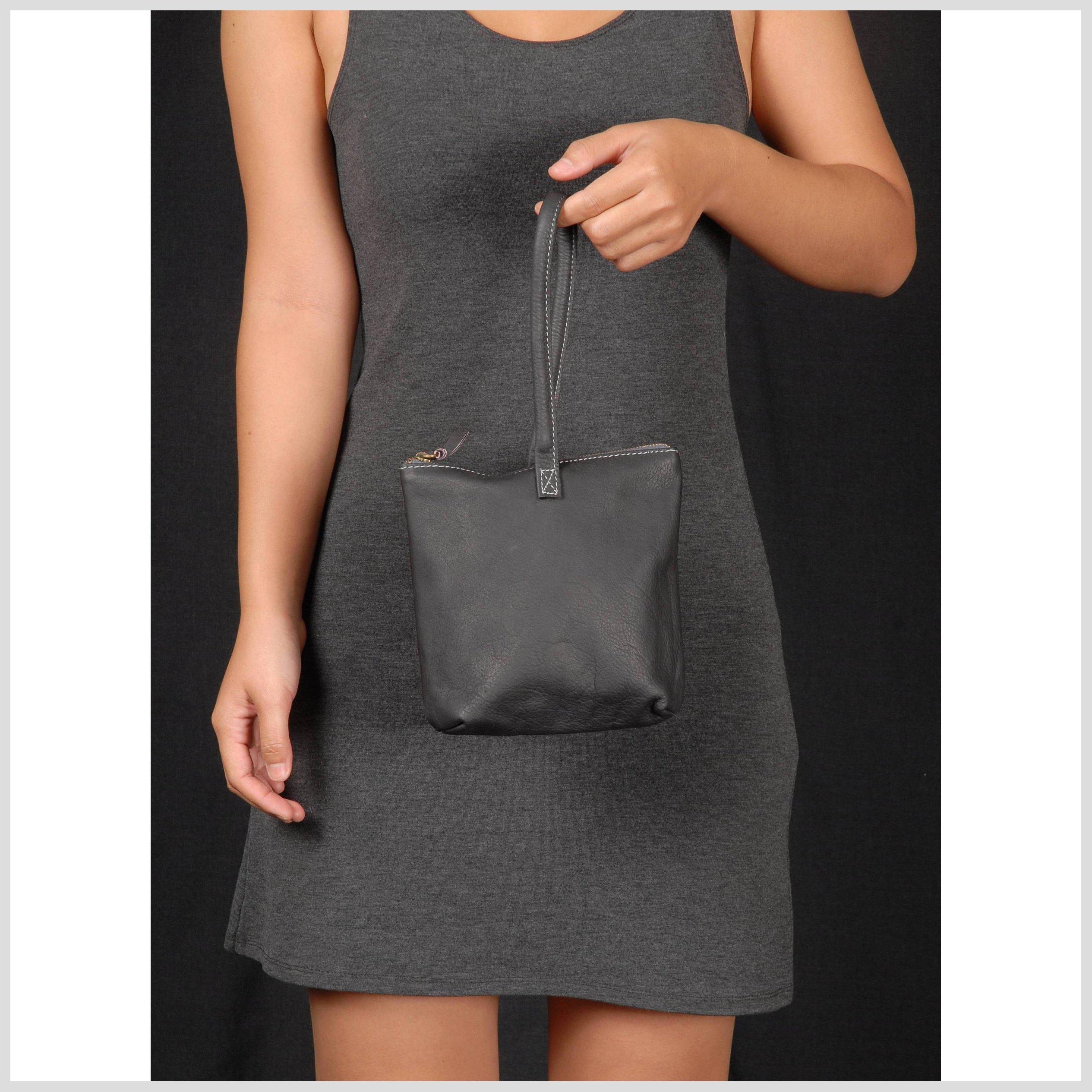 Small Leather Handbag Soft Gray Leather Purse Woman's Mini Cell Phone Bag Pocket Zipper Top Cotton Lining Dark Grey Leather Clutch Wallet