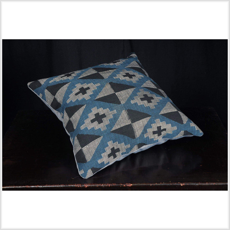 Square Laos throw pillow Tai Lue blue white black handwoven natural dye tribal textile cotton ethnic fabric decorative cushion decor QW88