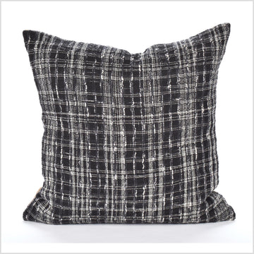 Striped ethnic boho pillow, Hmong hilltribe bohemian 15 in. square cushion, handwoven cotton, neutral black gray white natural organic dye LL3