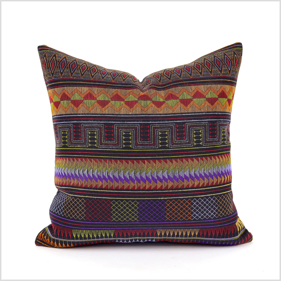 Stunning tribal ethnic Akha pillow, hand embroider traditional textile, 18 in cushion, fair trade purple yellow green violet red orange YY16