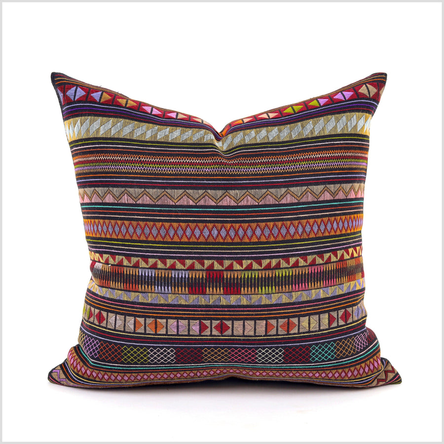 Stunning tribal ethnic Akha pillow, hand embroider traditional textile, 18 inch cushion, fair trade purple pink green violet red orange YY17