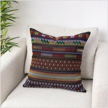 Stunning tribal ethnic Akha pillow, hand embroidered traditional textile, 18 inch cushion, fair trade purple gold green red orange YY22