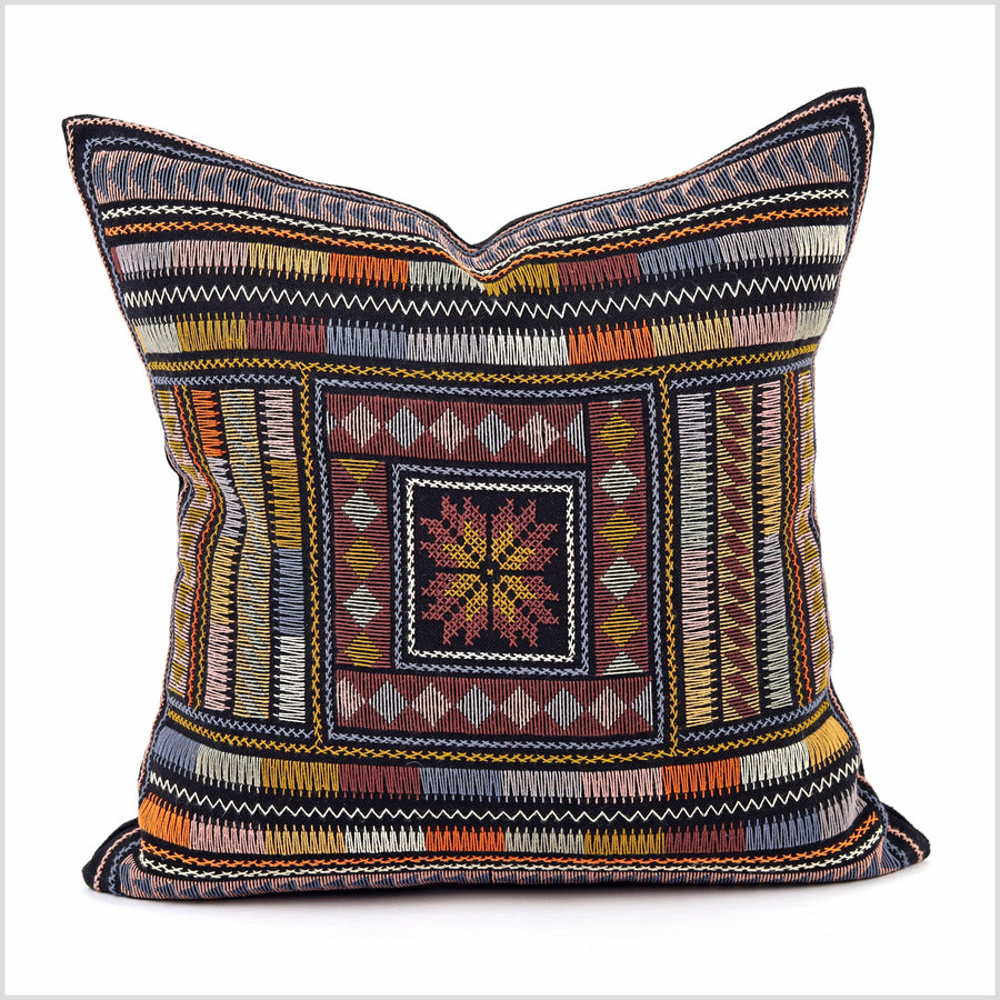 Stunning tribal ethnic Akha pillow, hand embroidered traditional textile, 18 inch cushion, fair trade white blue gold green red orange YY18