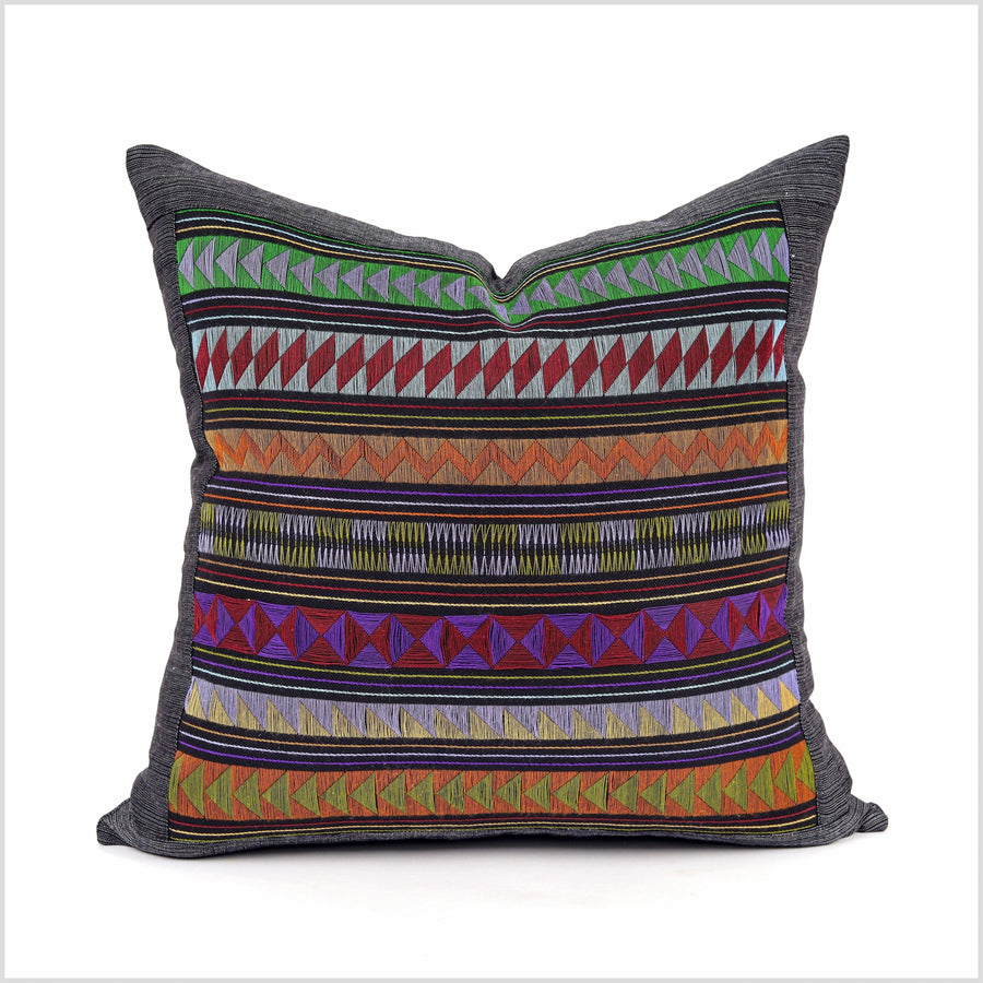 Stunning tribal ethnic Akha pillow, hand embroidered traditional textile, 20 inch cushion, fair trade purple pink green blue rose YY2