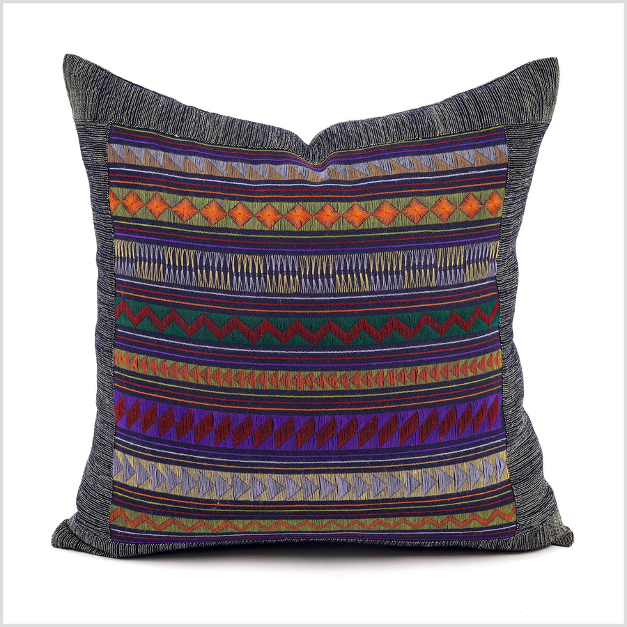 Stunning tribal ethnic Akha pillow, hand embroidered traditional textile, 20 inch cushion, fair trade purple pink green blue rose YY5
