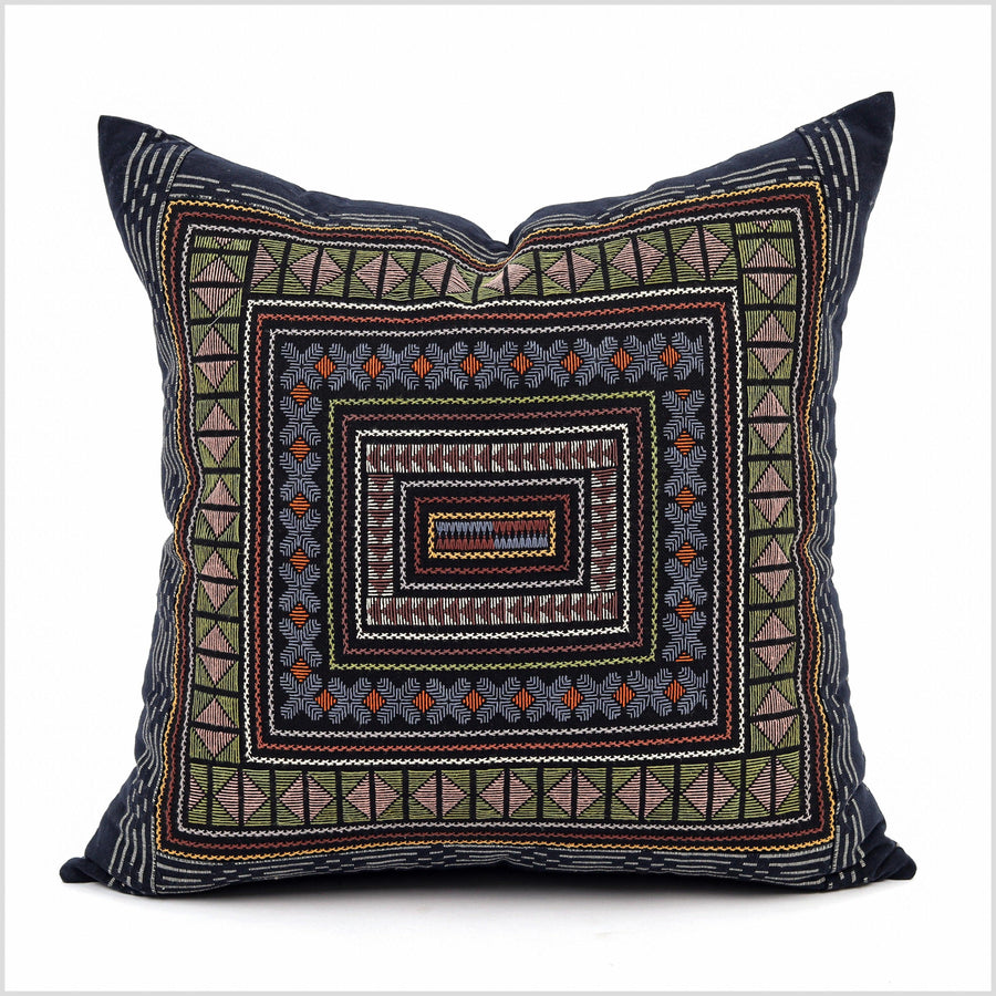 Stunning tribal ethnic Akha pillow, hand embroidered traditional textile, 22 inch cushion, fair trade purple pink green blue rose YY3