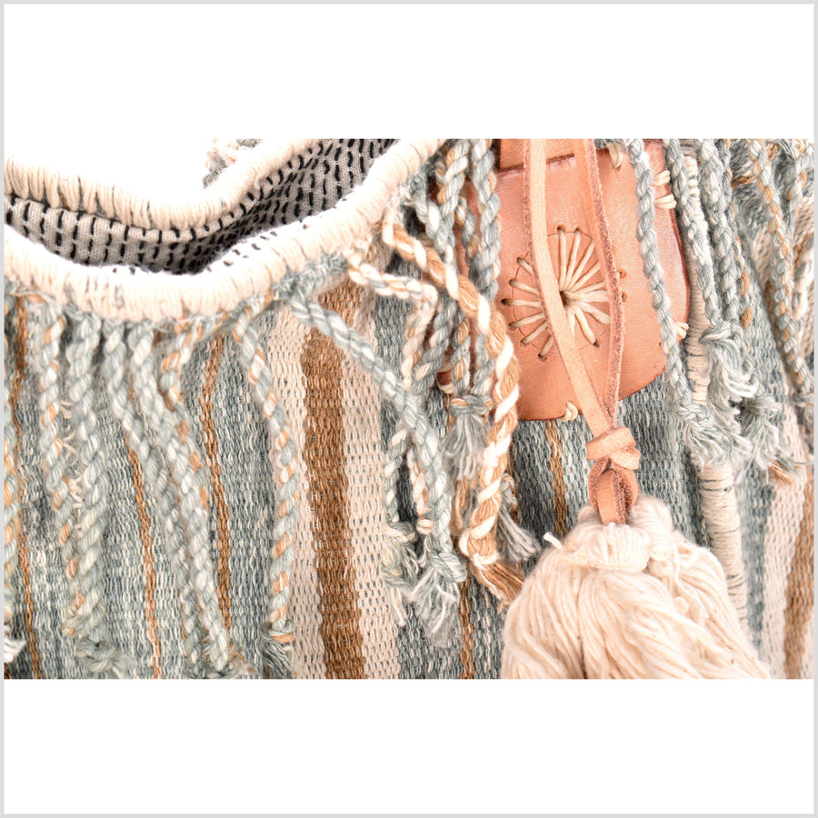 Teal striped summer handbag, ethnic boho style, natural dye soft cotton, leather handles, tribal hand stitching BG4