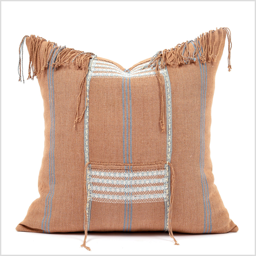 Terracotta brown handwoven pillow, tribal 20 in. square cushion, ethnic hill tribe cotton pillowcase, natural dye color, hand sewing YY80