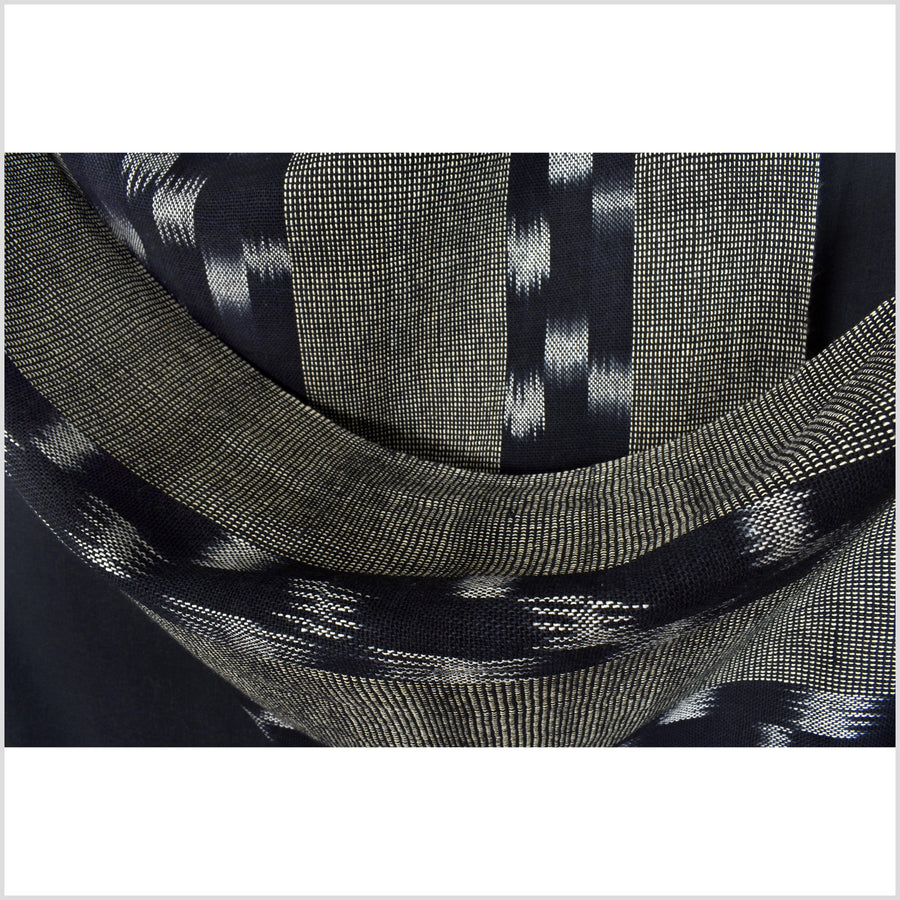 Thick yarn, black, gray, beige pattern cotton fabric. Handwoven tribal ikat, heavy-weight, Thailand craft supply, sold by the yard PHA319