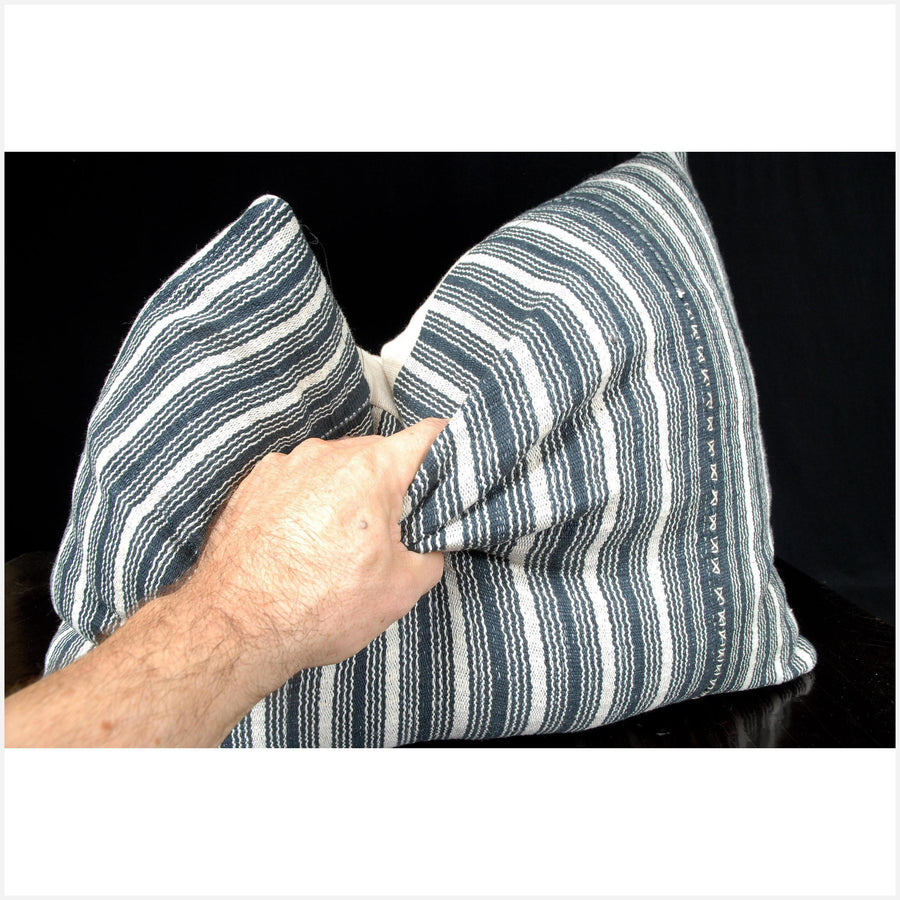 Tribal decorative lumbar pillow, Karen ethnic fabric throw cushion, hand woven cotton gray white home decor natural dye 17 x 21 inch. SM32