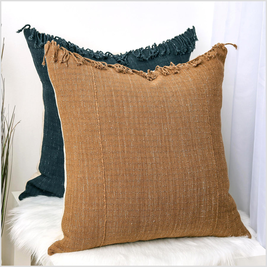 Tribal ethnic minimalist pillow, Hmong tribal 22 inch square cushion, handwoven cotton, neutral khaki brown color, natural organic dye YY87