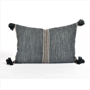 Tribal ethnic striped pillow, Hmong Pakeryaw tribal 22 in. lumbar cushion, handwoven cotton, gray off-white brown natural organic dye KK97