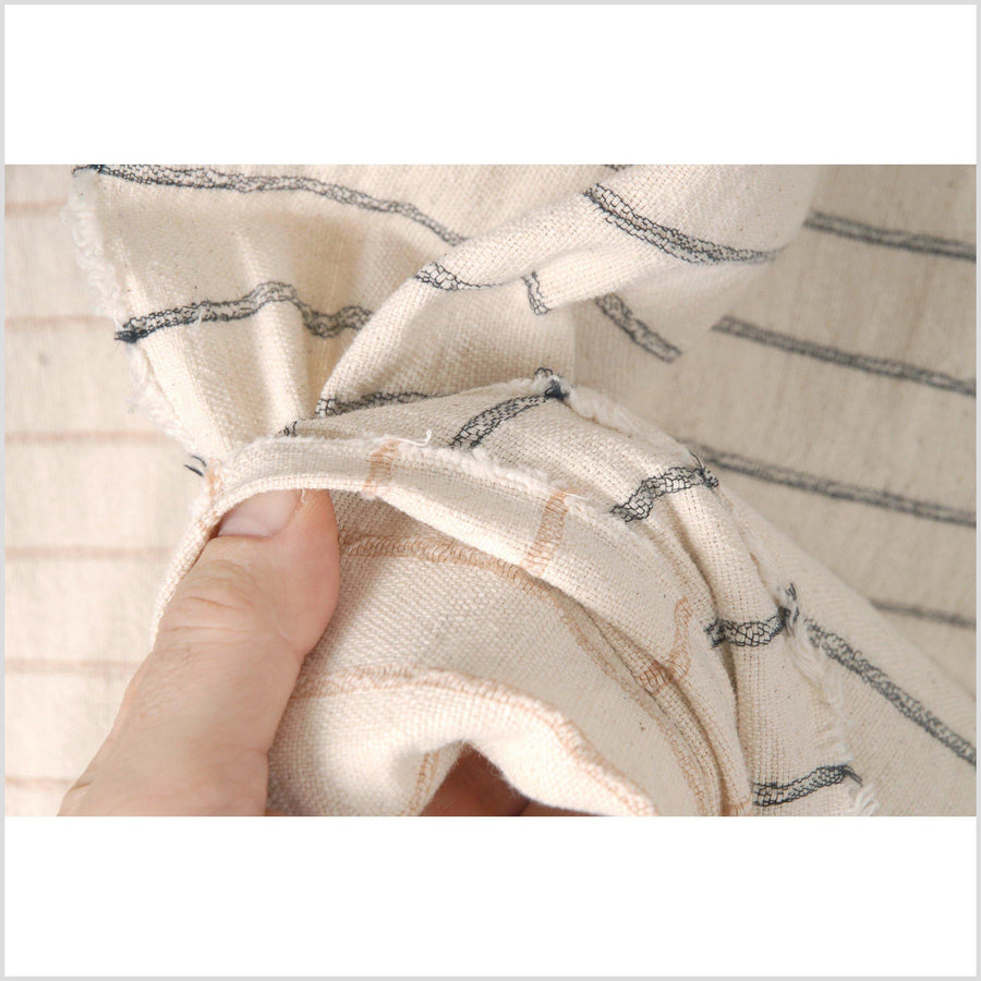 Unbleached 100% cotton fabric off-white, cream color with horizontal woven tan stripes sold by the yard PHA2