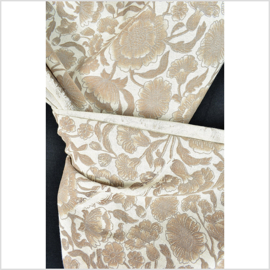 Unbleached cotton flower print fabric, sturdy strong off-white, black, brown color, vertical subtle striping, Thailand craft, fabric by yard PHA311-10