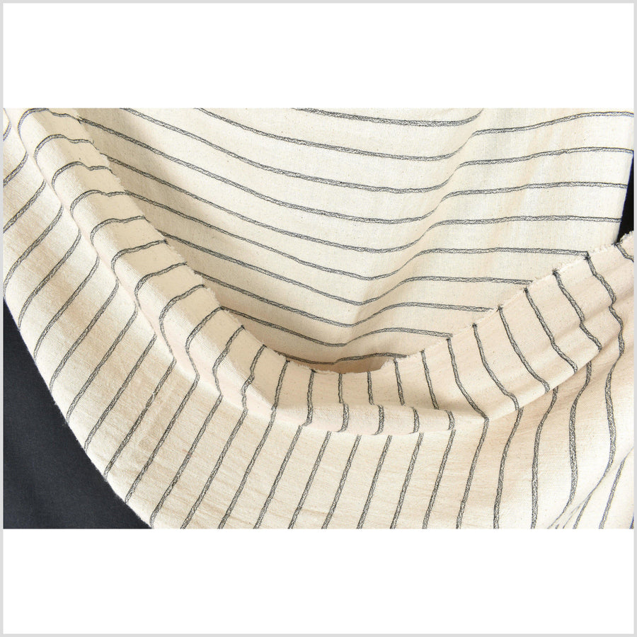 Unbleached cotton stripe fabric, sturdy strong off-white, cream color, horizontal woven black stripes, Thailand craft PHA1