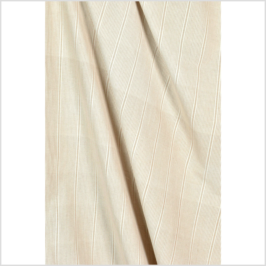 Understated pale brown stripe pattern and cream beige handwoven cotton fabric, medium weight organic dye, Thailand craft supply, sold by the yard PHA324