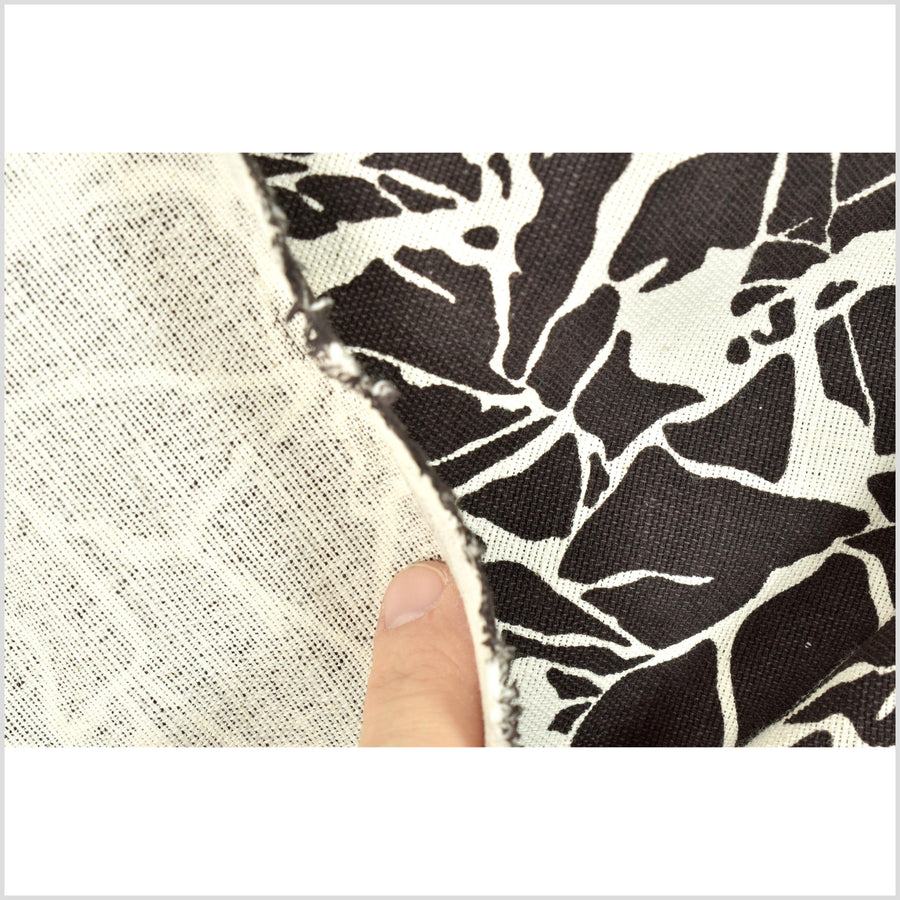 Warm black white print cotton fabric, abstract leaf screen print, sturdy rustic contrast, Thailand craft, fabric by yard PHA296