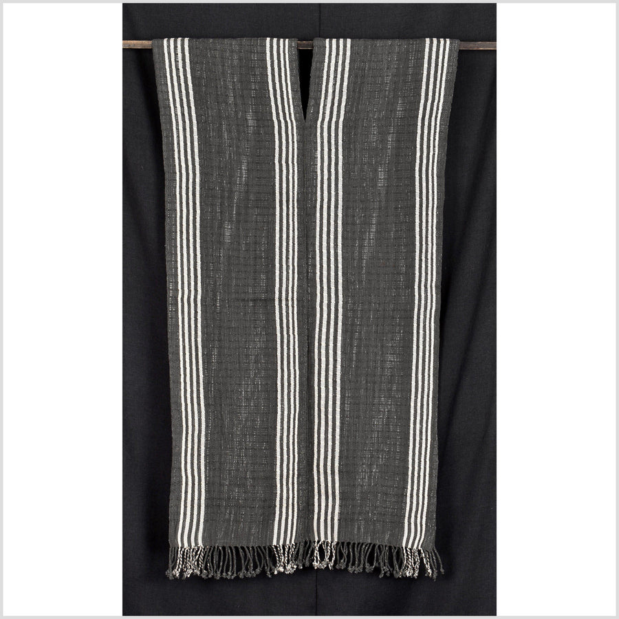 Warm gray, white stripe, natural organic dye cotton, handwoven tribal textile, Karen Hmong fabric, Thai ethnic throw MQ90