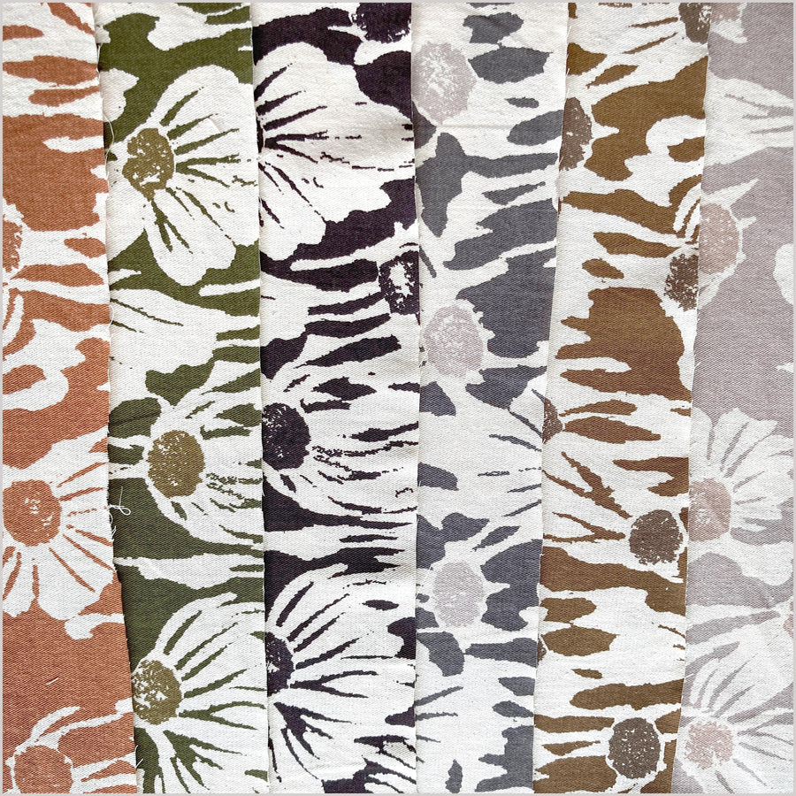 Stylized flower print fabric, unbleached natural cotton twill, off-white background, two-tone dark/light gray pattern, 45 inch wide, Thailand craft, fabric by 10 yards PHA385-10