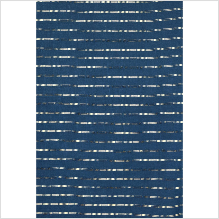 Cobalt navy blue handwoven cotton fabric with woven pale mocha double dash/striping, medium-weight, fabric per yard PHA352
