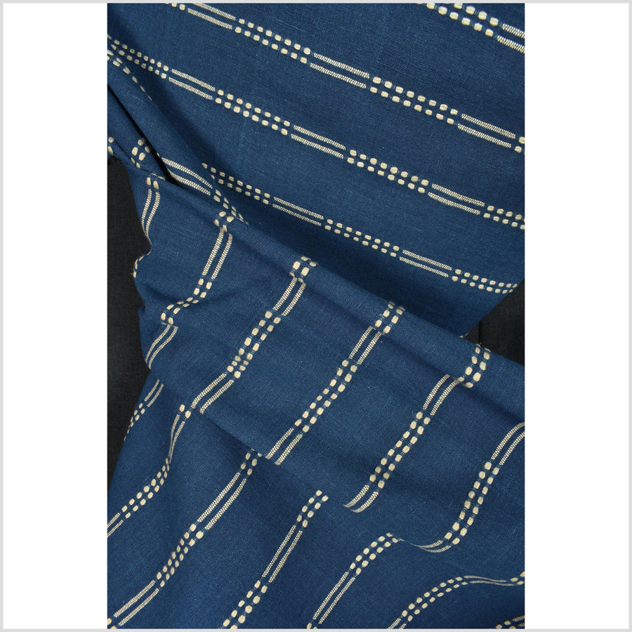 Cobalt navy blue handwoven cotton fabric with woven pale mocha double dash/striping, medium-weight, fabric per yard PHA352