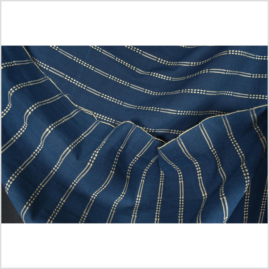 Cobalt navy blue handwoven cotton fabric with woven pale mocha double dash/striping, soft, medium-weight, Thailand fabric per yard PHA352
