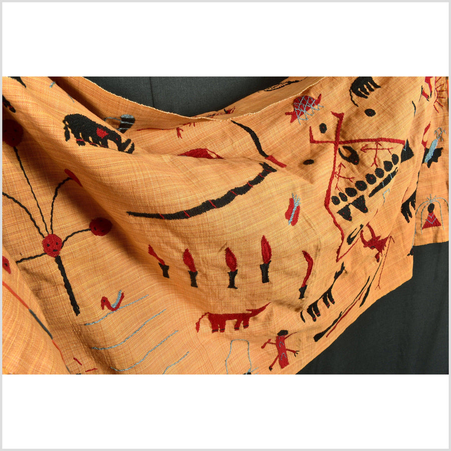 Dark tangerine saffron color, cotton story quilt Naga tribal textile ethnic embroidered boho fabric Burma hill tribe tapestry Thailand India Hmong OB120