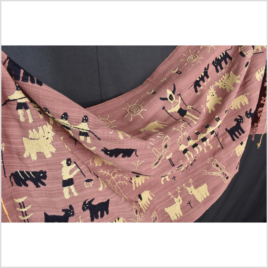Plum mauve special Naga tribal textile cotton story quilt, animals, totems, boho hilltribe tapestry Thailand India ii111