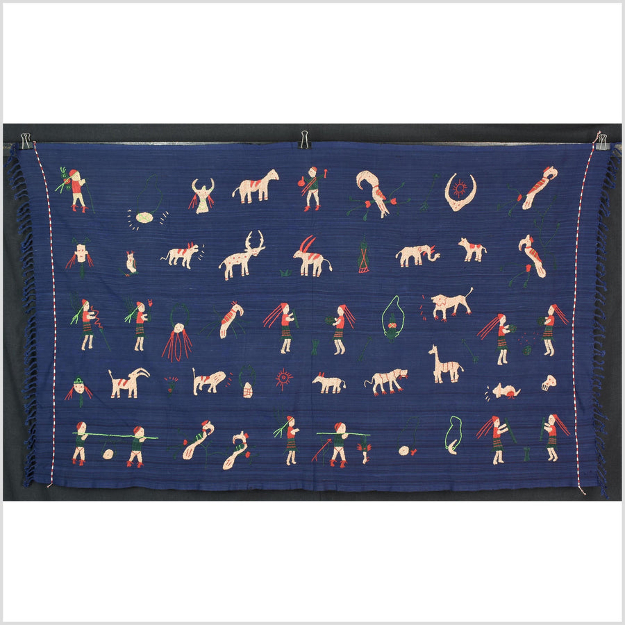 Cobalt blue cotton story quilt Naga tribal textile ethnic embroidered boho fabric Burma hill tribe tapestry Thailand India Hmong MP7