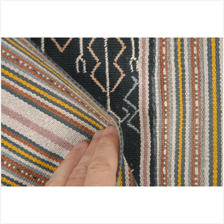 Natural vegetable dye black brown yellow gray cream pink ethnic tapestry ethnic tribal fabric Indonesian hill tribe home decor boho runner Ayutupas buna Timor handwoven heavy cotton textile CD17