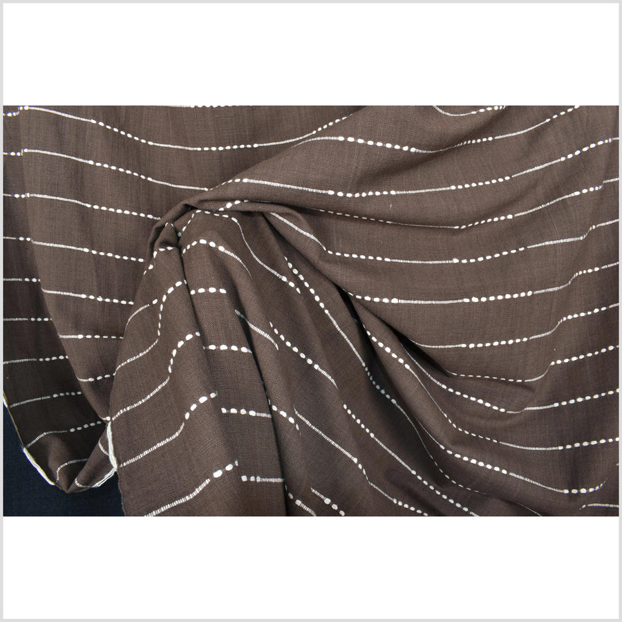 Neutral brown handwoven cotton fabric with woven white striping, medium-weight, plain weave ,per yard PHA53