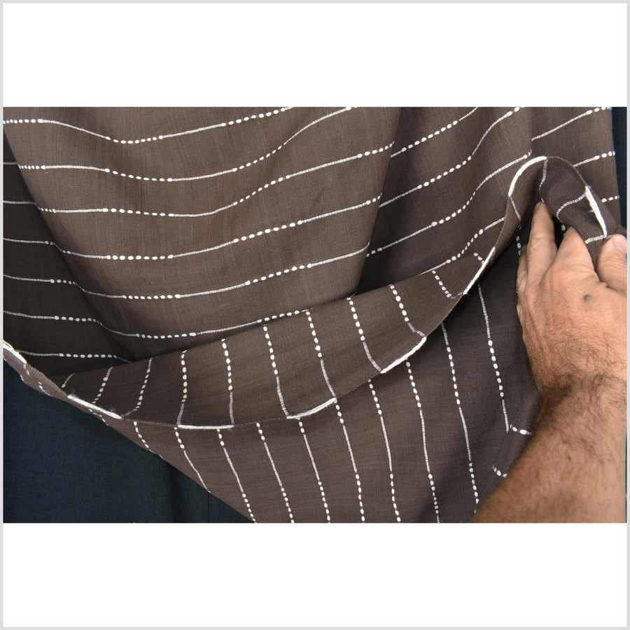 Neutral brown handwoven cotton fabric with woven white striping, medium-weight, plain weave ,per yard PHA53