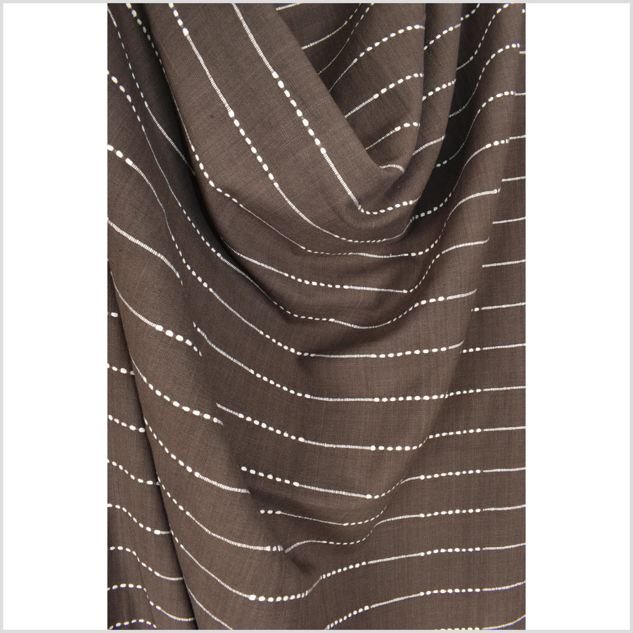 Neutral brown handwoven cotton fabric with woven white striping, medium-weight, plain weave ,per yard PHA53