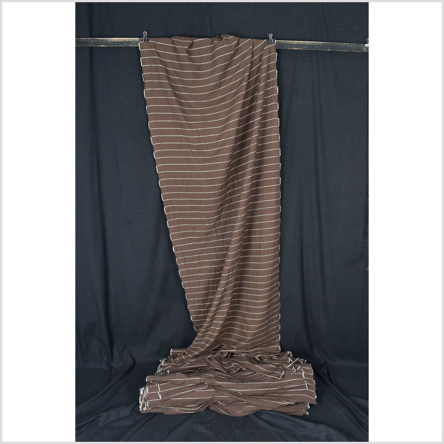 Neutral brown handwoven cotton fabric with woven white striping, medium-weight, plain weave ,per yard PHA53