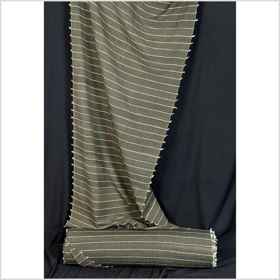 Olive green & black two-tone color, handwoven cotton fabric with woven off-white striping, light/medium-weight, fabric by the yard PHA343-10