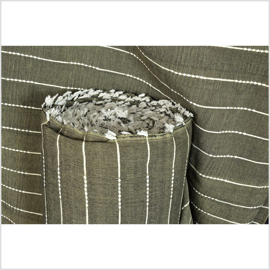 Olive green & black two-tone color, handwoven cotton fabric with woven off-white striping, light/medium-weight, fabric by the yard PHA343-10