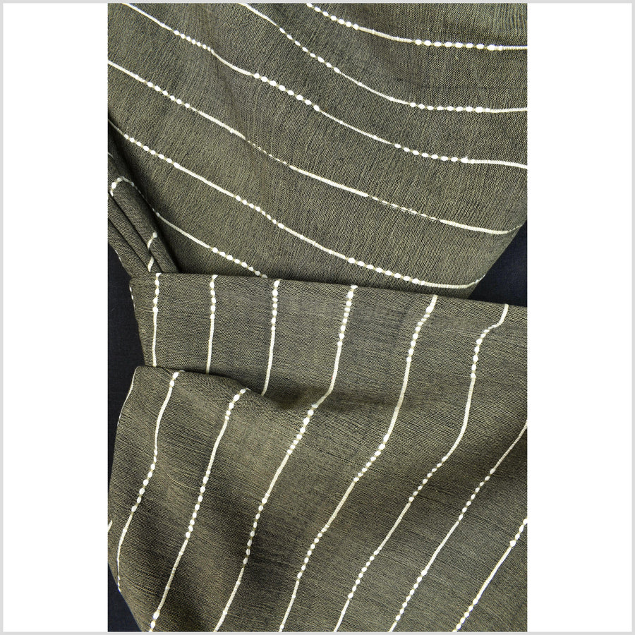 Olive green & black two-tone color, handwoven cotton fabric with woven off-white striping, light/medium-weight, fabric by the yard PHA343